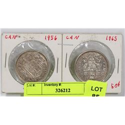 1956 & 1965 CANADIAN SILVER 50 CENT COINS.