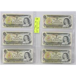 LOT OF 6 CANADA 1973 DOLLAR BILLS.