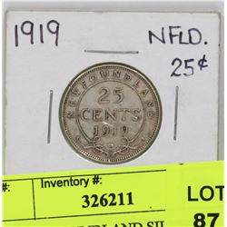 1919 NEWFOUNDLAND SILVER 25 CENT COIN.