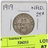 Image 1 : 1919 NEWFOUNDLAND SILVER 25 CENT COIN.