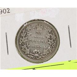 1902 CANADIAN SILVER 25 CENT COIN.