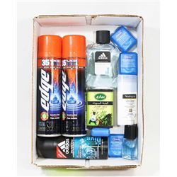 BOX OF NEW MEN'S PRODUCTS  INCL. 2 CANS