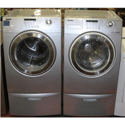 SAMSUNG WASHER AND DRYER SET, SILVER WITH PEDESTAL