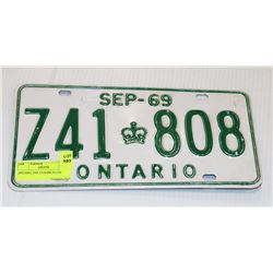 ONTARIO 1969  LICENSE PLATE