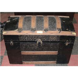 STEAMER TRUNK, PRESS METAL DESIGN, CURVED WOOD
