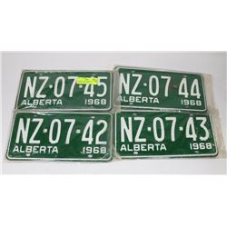 4 CONSECUTIVE NUMBERED  ALBERTA 1968 PLATES