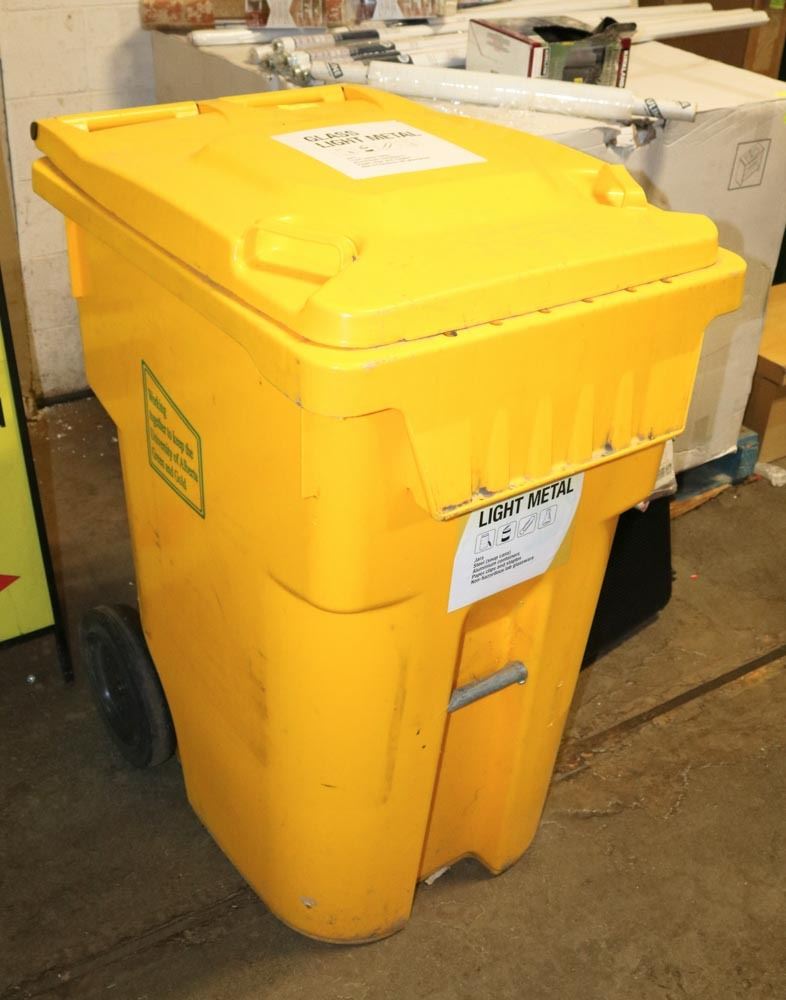 LARGE YELLOW RECYCLING BIN WITH WHEELS