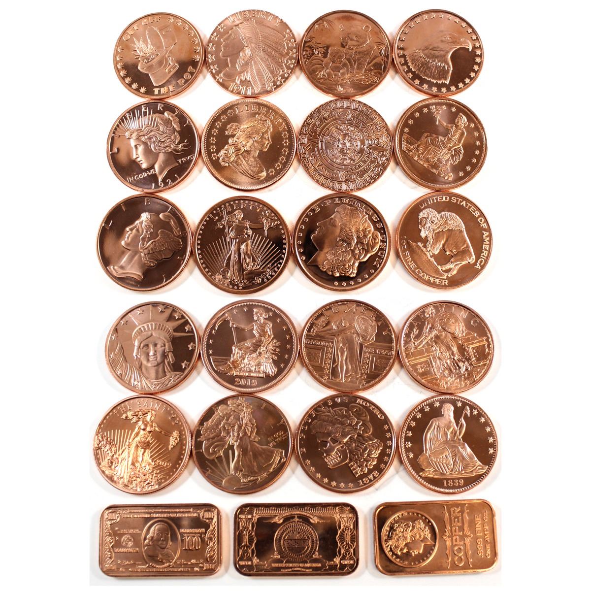 Group Lot of Copper Rounds and Bars. Includes 20x Rounds and 3x bars ...