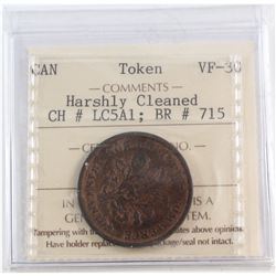 CH# LC5A1, Banque Du Peuple Montreal, Un Sou (open Wreath, Large Bow, reeded) ICCS Certified VF-30,