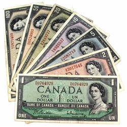 1954 Canada $1, $2, $5, $10, $20, $50 & $100 Banknotes. 7pcs