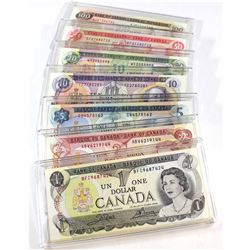 1969-1975 Bank of Canada $1, $2, $5, $10, $20, $50 & $100 Notes in hard plastic holder. 7pcs