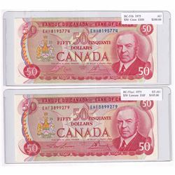 1975 $50 BC-51a-I, Bank of Canada, Lawson-Bouey, EHF Prefix EF-AU & 1973 $50 BC-51b, Crow-Bouey, EHH
