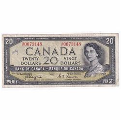 1954 $20 BC-33a, Bank of Canada, Coyne-Towers, Devil's Face, A/E Prefix, VF (Writing)