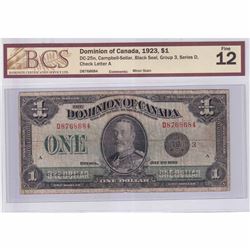 1923 $1 DC-25n, Dominion of Canada, Black Seal, Group 3, Series D, Check Letter A, BCS Certified F-1