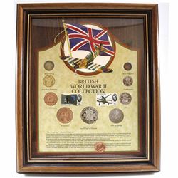 British World War II 9-coin Collection with 2 Stamps in Nice Wooden Frame. Features a Bronze Farthin