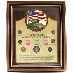 United States World War II 7-coin Collection with 3 Stamps in Nice Wooden Frame. Features a Nickel-p