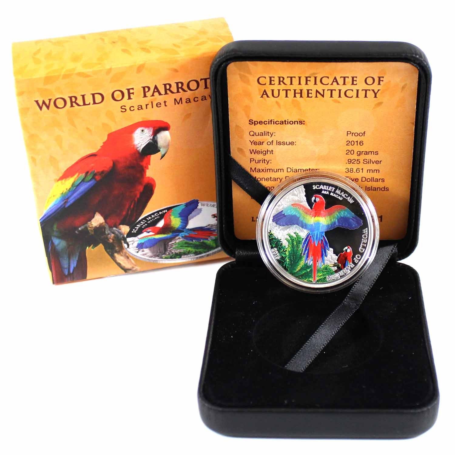 Scarlet Macaw 2016 Cook Islands $5 Silver Proof 3D World of Parrots