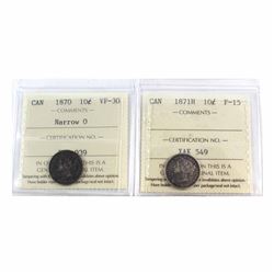 1870 Canada 10-cent Narrow 0 ICCS Certified VF-30 & 1871H F-15. 2pcs