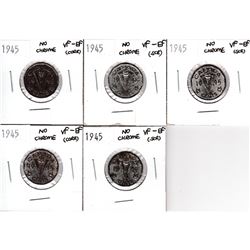 Lot of Canada 1945 No Chrome 5-cent VF-EF (coins are scratched or have corrosion). 5pcs