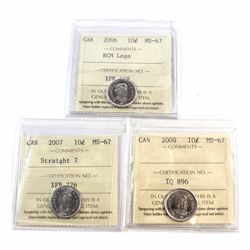 10-cent 2006 RCM Logo, 2007 Straight 7 & 2009 ICCS Certified MS-67. 3pcs