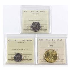 2015 Canada 5-cent, 10-cent & Loon $1 ICCS Certified MS-67. 3pcs