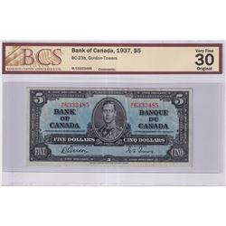 1937 $5 BC-23b, Bank of Canada, Gordon-Towers, M/C Prefix, BCS Certified VF-30 Original