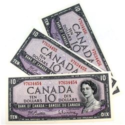 Lot of 3x 1954 Canada $10 Banknotes in Sequence and UNC Condition S/N7634454-456. 3pcs
