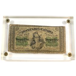 1870 Dominion of Canada 25c Shinplaster Note in Acrylic Slab Holder.