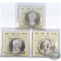 Silver $1 1965 LgeBds Blt 5, 1966 Large Beads & 1967 ICCS Certified MS-64. 3pcs