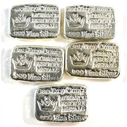 5x Hand Poured Monarch Precious Metals 1oz. .999 Fine Silver Bars (Tax Exempt). 5pcs.