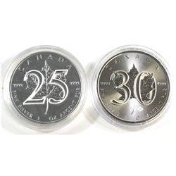 2013 25th & 2018 30th Anniversary of the Canada 1oz Fine Silver Maple (Tax Exempt). 2pcs.