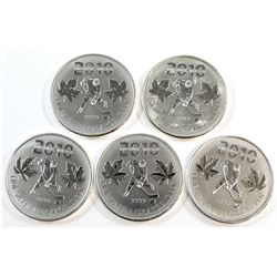 5x 2010 Canada $5 Olympic Hockey 1oz Fine Silver Maples (Tax Exempt). Coins may contain toning/spots