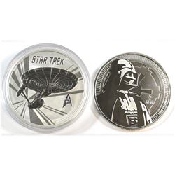 2016 Australia Star Trek & 2017 NZ. Darth Vadar $1 Fine Silver Coins (Tax Exempt). 2pcs.