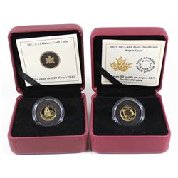 2012 Canada The Bluenose & 2015 Maple Leaf 50-cent 1/25oz Fine Gold Coins. 2pcs (TAX Exempt)