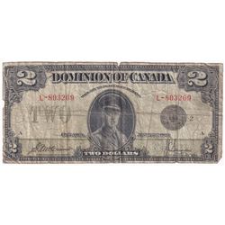 1923 $2 DC-26f Dominion of Canada, Black Seal 2, Saunders, VG (Damaged)