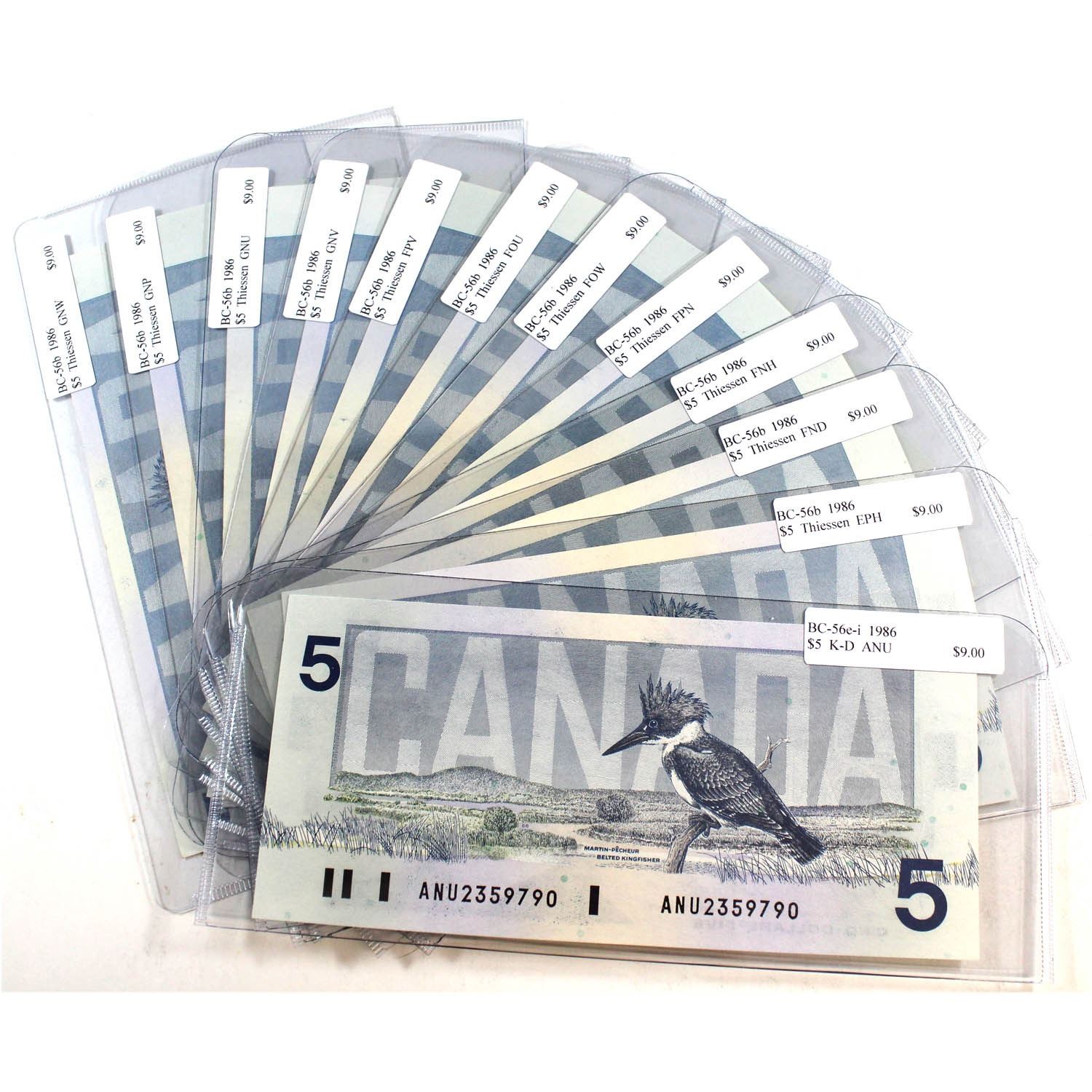 12x 1986 Canada $5 Notes with All different Prefixes. 12pcs.