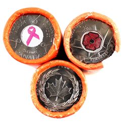 2004 Poppy, 2006 Medal bravery & 2006 Pink Ribbon Canada 25-cent Special Wrapped Rolls. 3 Rolls