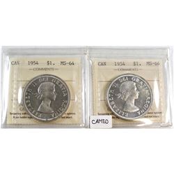1954 & 1954 Cameo Canada Silver $1 ICCS Certified MS-64. 2pcs.