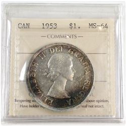 1953 Canada NSF Silver $1 Strap PCGS Certified MS-64.