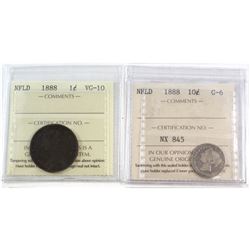 1888 NFLD 10-cent G-6 & 1888 NFLD 1-cent VG-10. Both coins have been certified by ICCS. 2pcs.