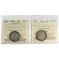 1904H NFLD 20-cent F-15 & 1912 NFLD 20-cent EF-40. Both coins have been ICCS Certified. 2pcs.