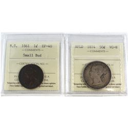 1861 N.S Small Bud 1-cent EF-40 & 1874 NFLD 50-cent VG-8. Both coins have been certified by ICCS. 2p