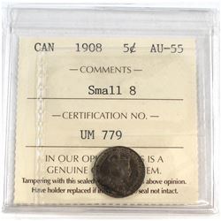 1908 Canada Small 8 5-cent ICCS Certified AU-55.