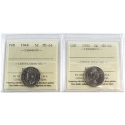 1948 Canada 5-cent MS-64 & 1995 Canada 5-cent MS-65. Both coins have been certified by ICCS. 2pcs.