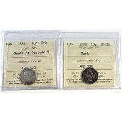 1886 Canada Small 6; Obv. 5 10-cent G-6 & 1888 Canada 10-cent VF-30 (Mark). Both coins have been cer