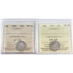 1900 Canada 10-cent VF-30 & 1915 Canada 10-cent VF-20. Both coins have been certified by ICCS. 2pcs.