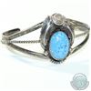 Image 1 : J. Lee Signed Navajo Sterling Silver Cuff Bracelet with Turquoise Stone.