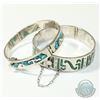 Image 1 : Pair of Vintage Mexico Sterling Silver Bracelets with Stone Inlays. Both Bracelets measure approxima