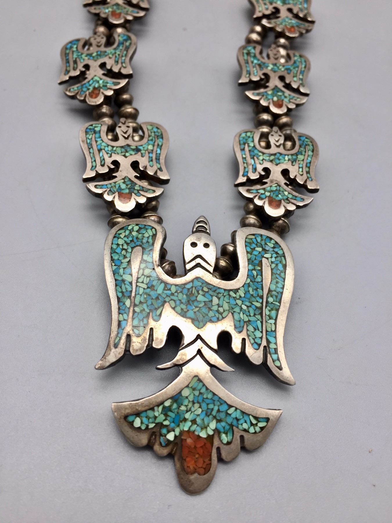 Vintage Navajo Inlay Squash Blossom Style Necklace