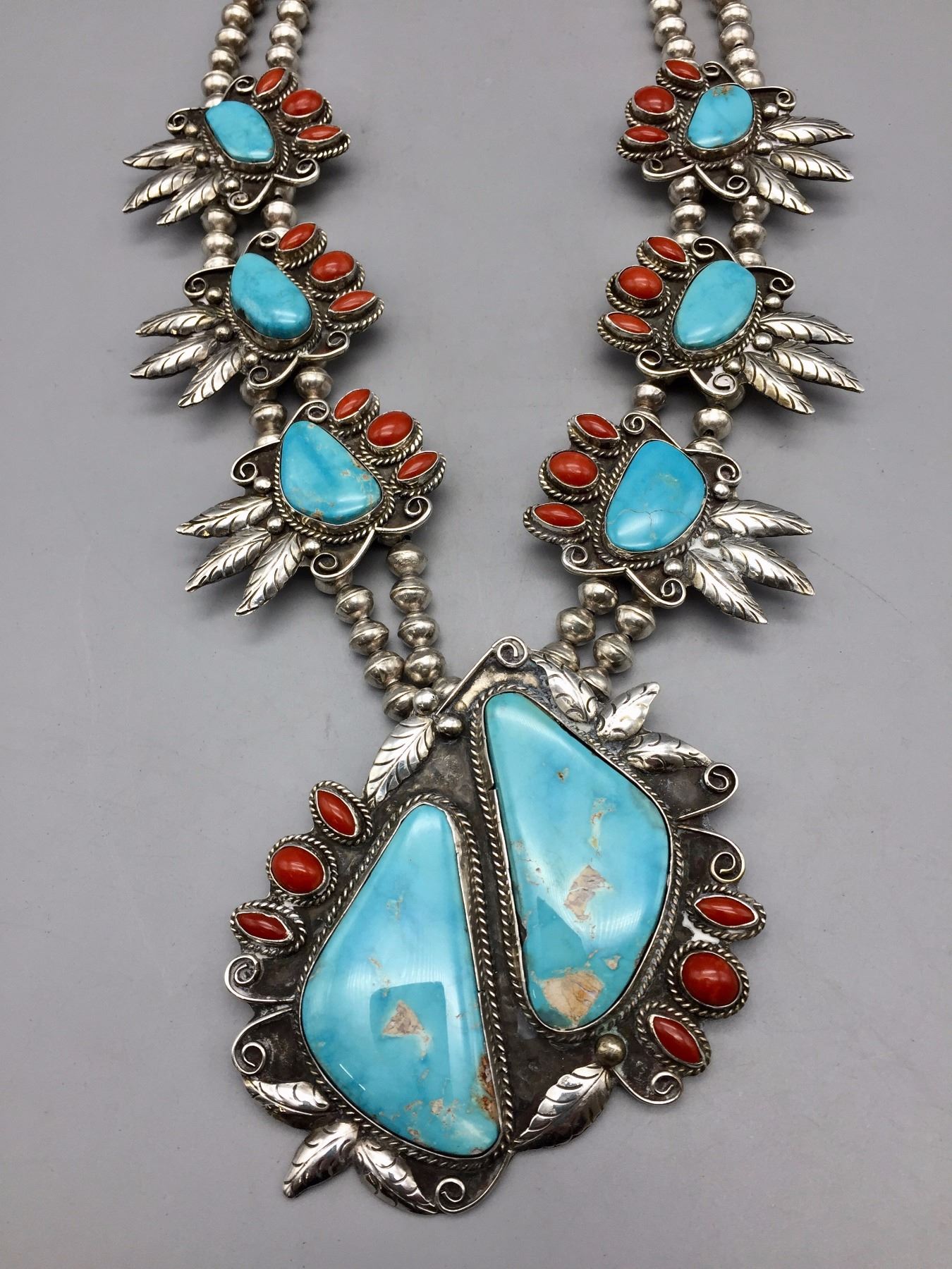VINTAGE Coral Turquoise Brass Necklace